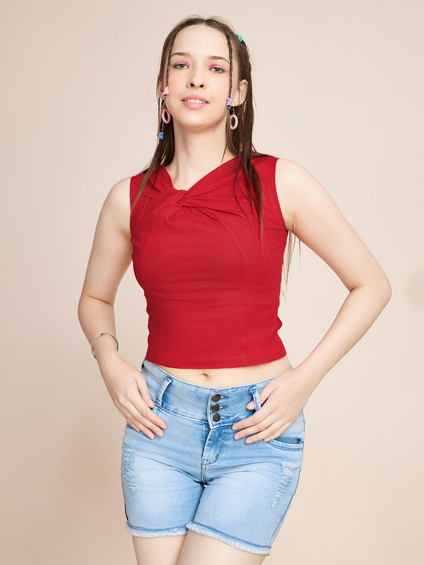 Red Twist-Knot Crop Top