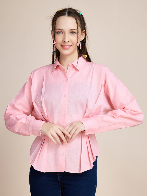 Bright Pink Pleated Comfort Fit Shirt